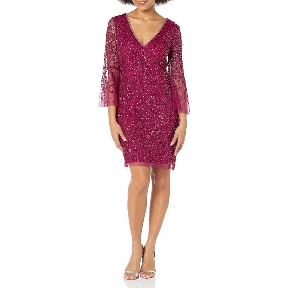Adrianna Papell Size 12  Raspberry Wine Beaded Bell Sleeve Sheath Dress